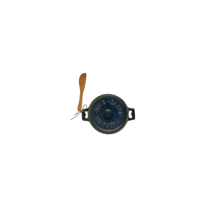 Stoneware Brie Baker with Bamboo Spreader - Blue - Something Splendid Co.