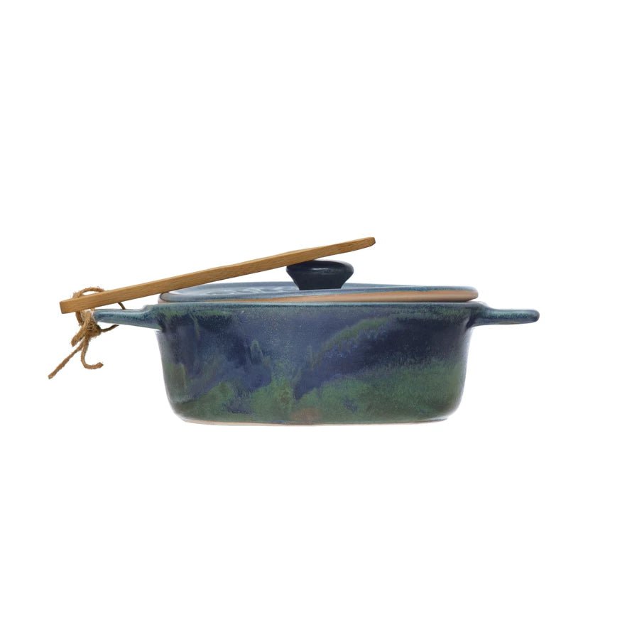 Stoneware Brie Baker with Bamboo Spreader - Blue - Something Splendid Co.