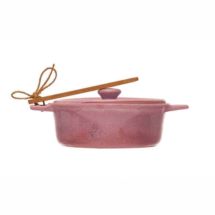 Stoneware Brie Baker with Bamboo Spreader - Pink - Something Splendid Co.
