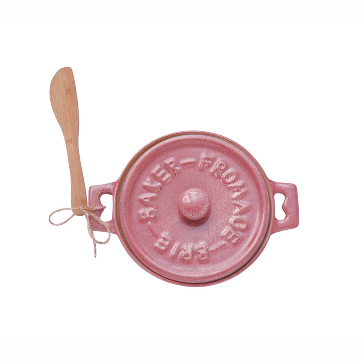 Stoneware Brie Baker with Bamboo Spreader - Pink - Something Splendid Co.
