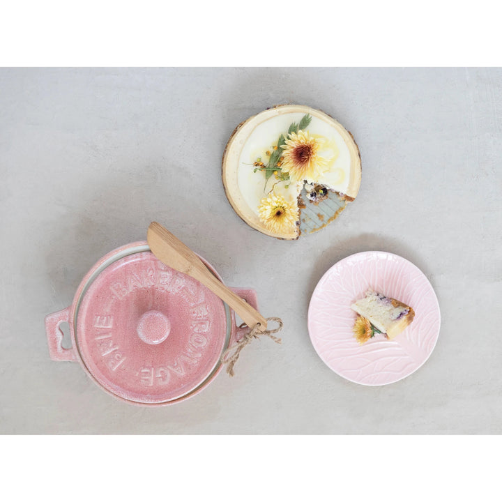 Stoneware Brie Baker with Bamboo Spreader - Pink - Something Splendid Co.