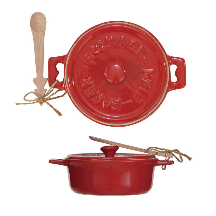 Stoneware Brie Baker with Tree Spoon, Red, Set of 2 - Something Splendid Co.