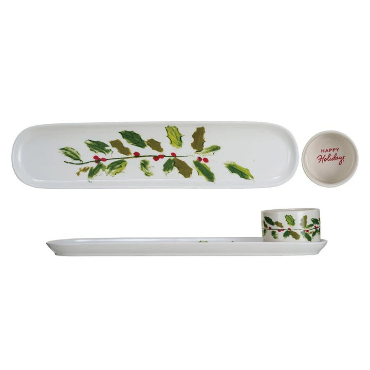 Stoneware Platter & Dish w/ Holly Leaves & Berries - Something Splendid Co.