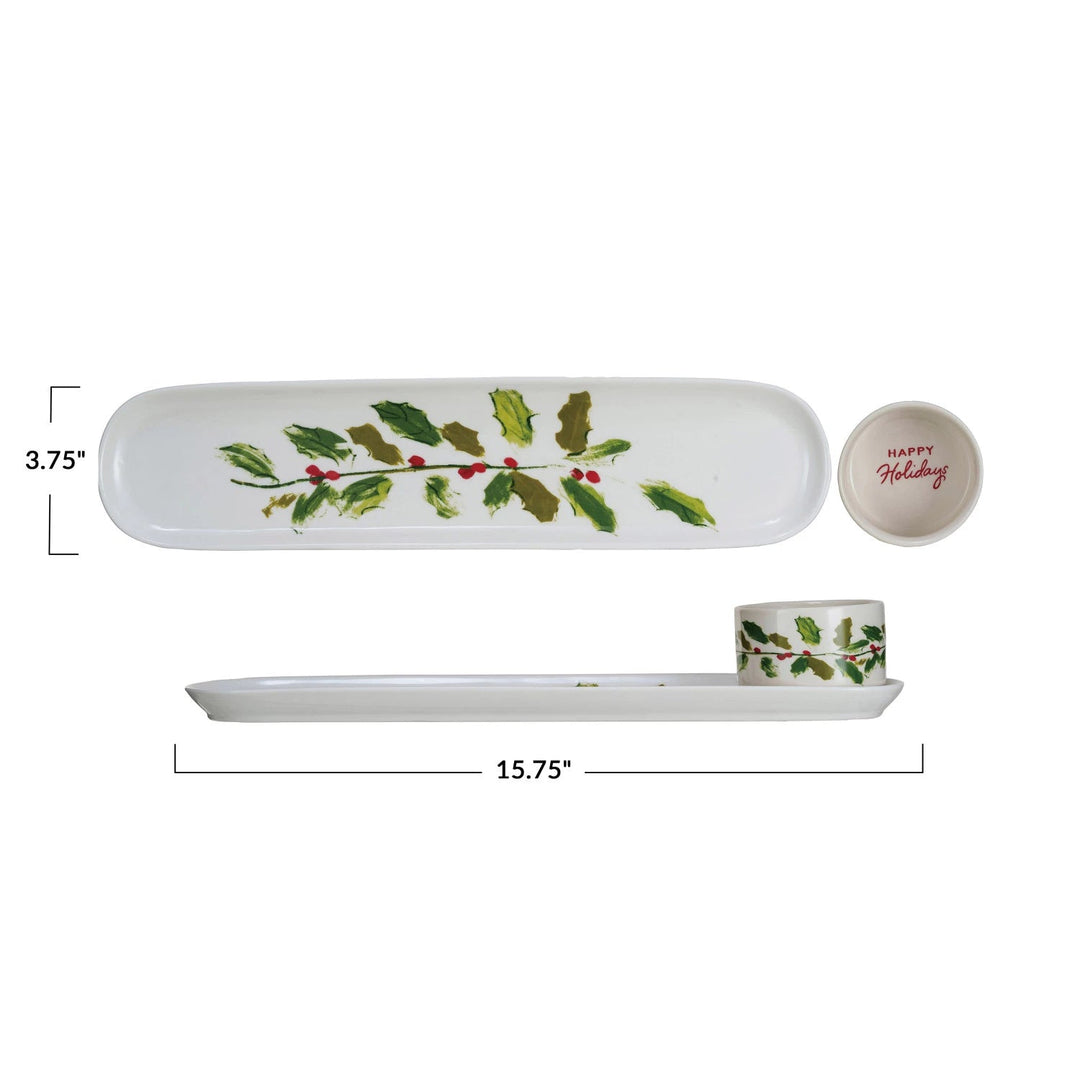 Stoneware Platter & Dish w/ Holly Leaves & Berries - Something Splendid Co.