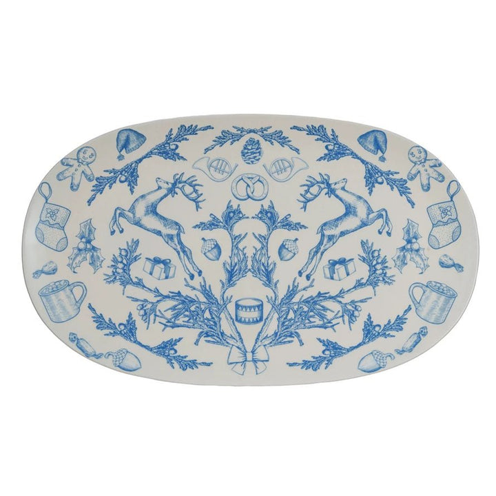 Stoneware Platter w/ Holiday Pattern, Blue & White - Something Splendid Co.