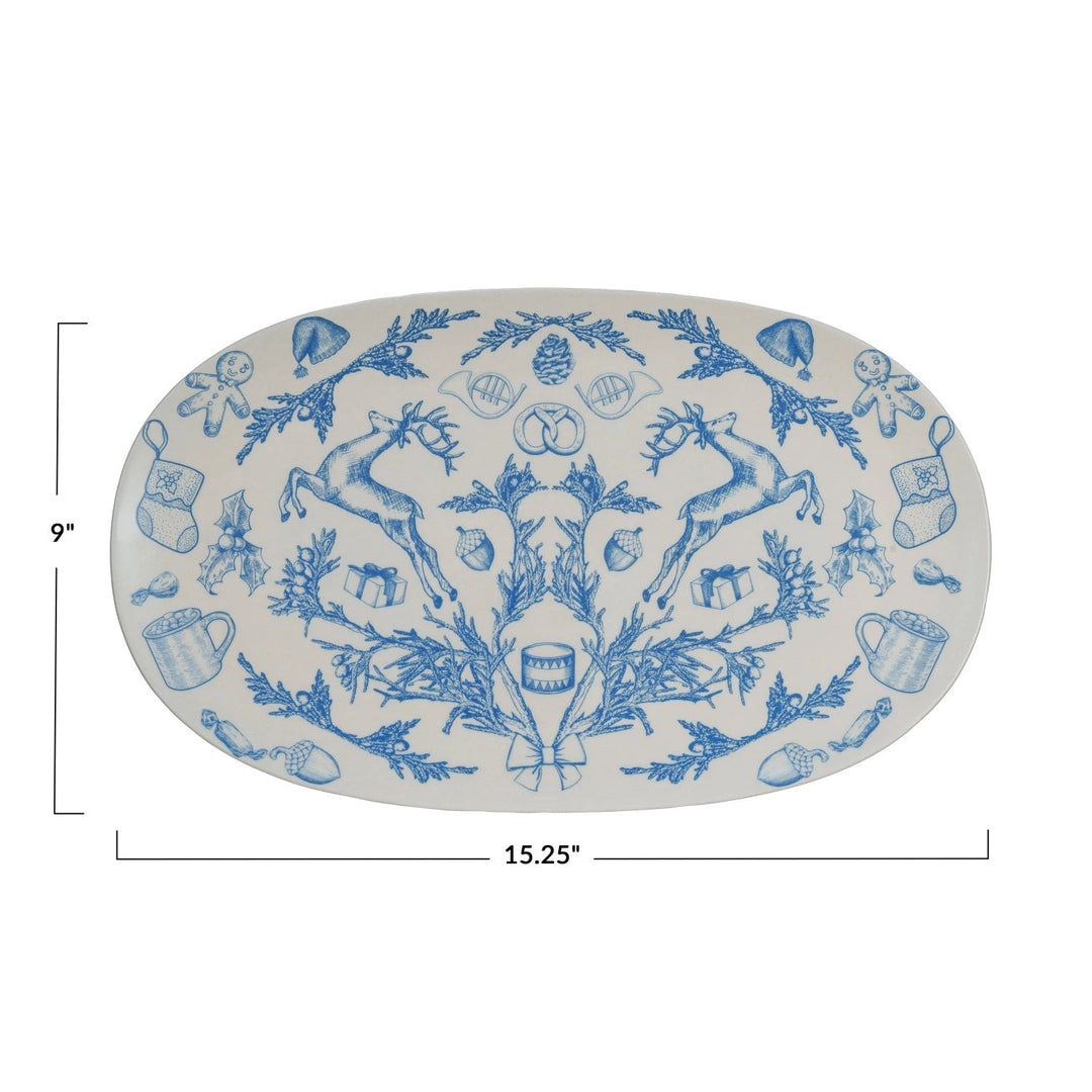 Stoneware Platter w/ Holiday Pattern, Blue & White - Something Splendid Co.