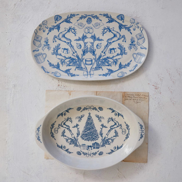 Stoneware Platter w/ Holiday Pattern, Blue & White - Something Splendid Co.