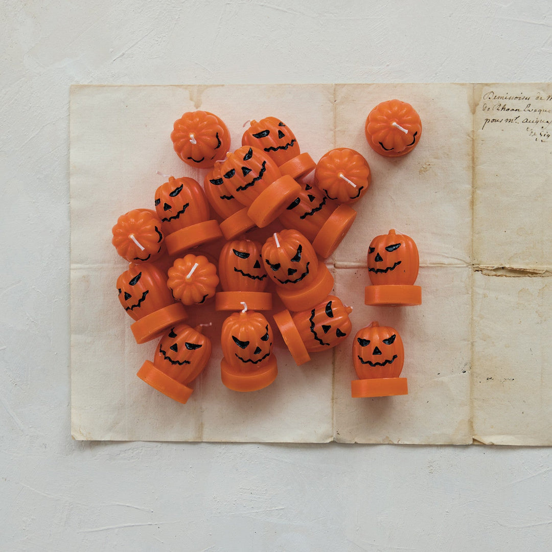 Unscented Jack-O-Lantern Shaped Tealights in Box, Orange Color & Black, Set of 9 - Something Splendid Co.