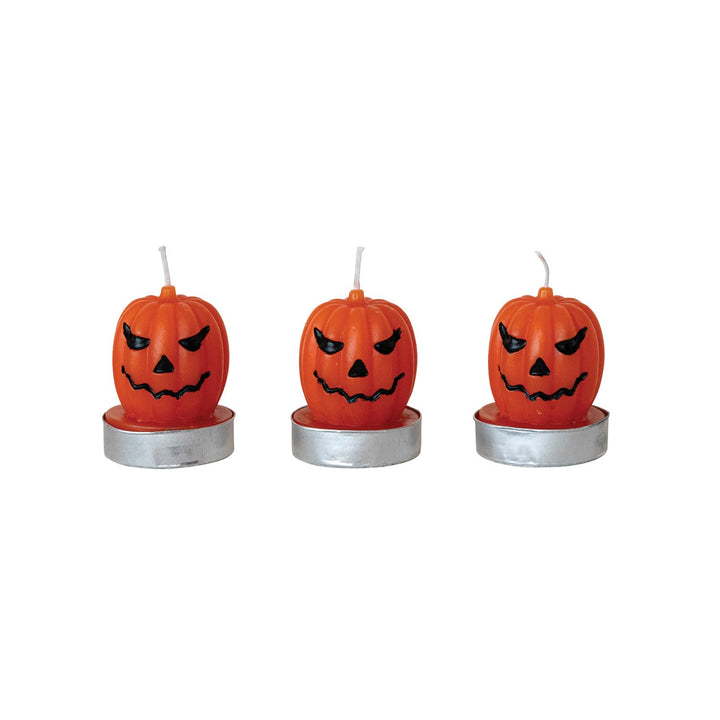Unscented Jack-O-Lantern Shaped Tealights in Box, Orange Color & Black, Set of 9 - Something Splendid Co.