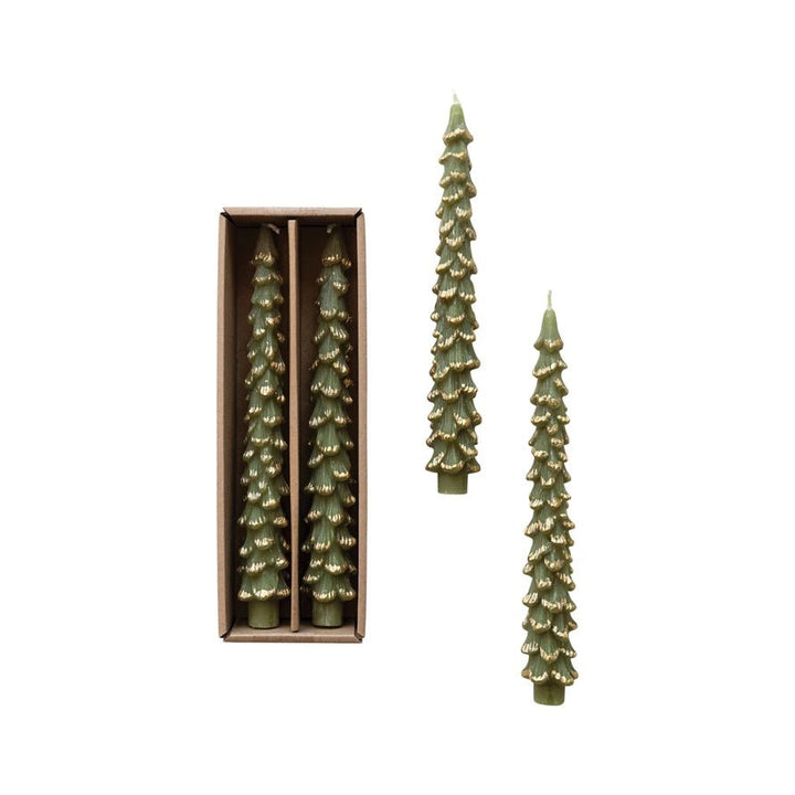 Unscented Tree Shaped Taper Candles w/ Gold Tips in Box, Evergreen Color, Set of 2 - Something Splendid Co.