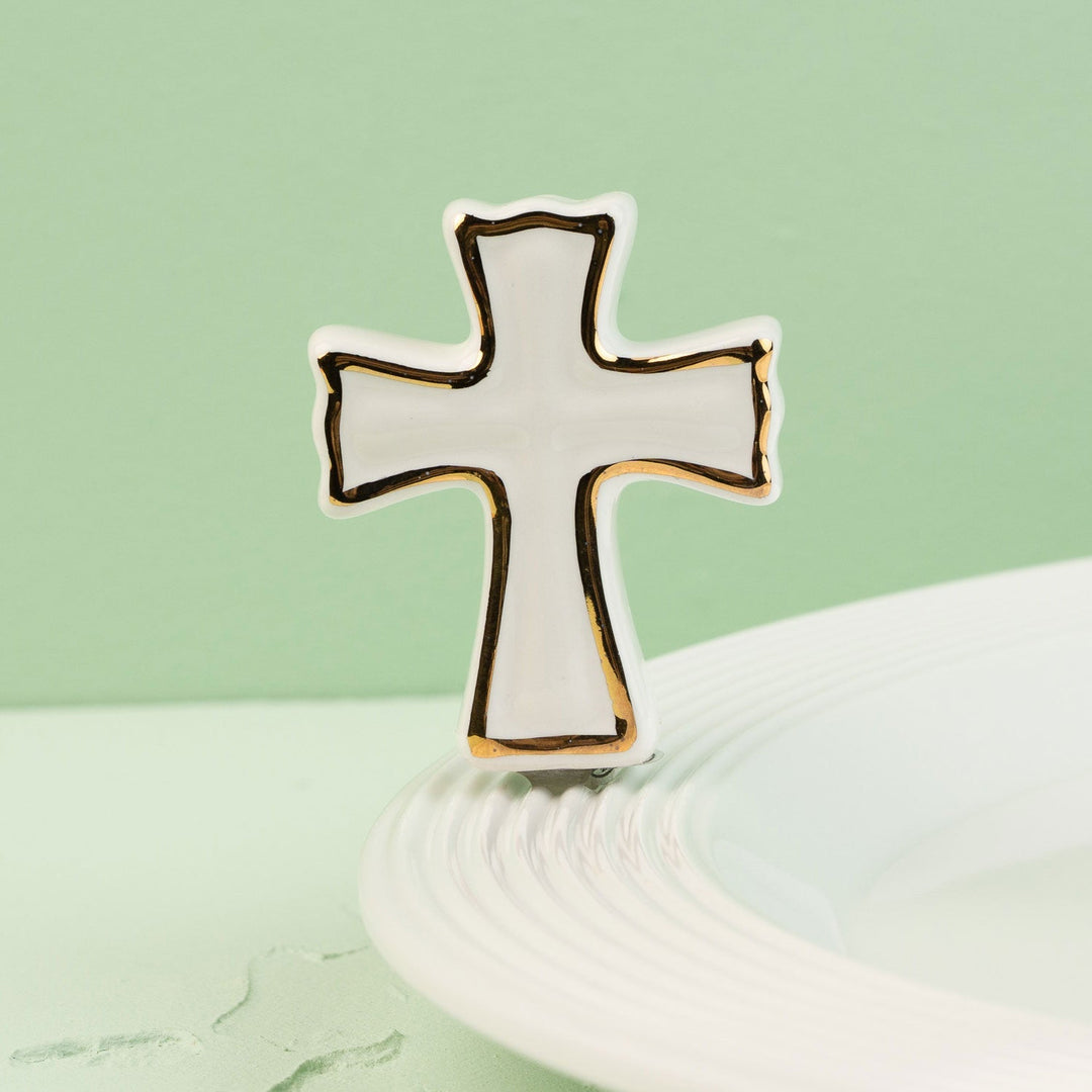 White Cross Mini by Nora Fleming — hand-painted ceramic mini topper for a Nora Fleming base