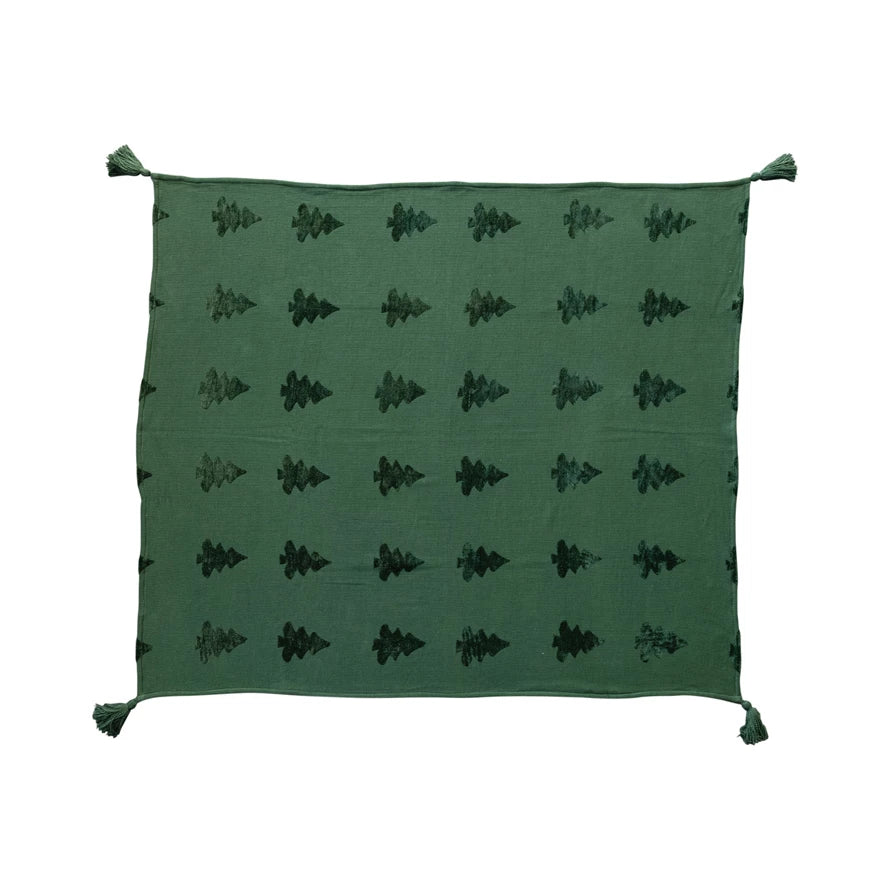 Woven Cotton Blend Jacquard Throw w/ Trees & Tassels - Something Splendid Co.