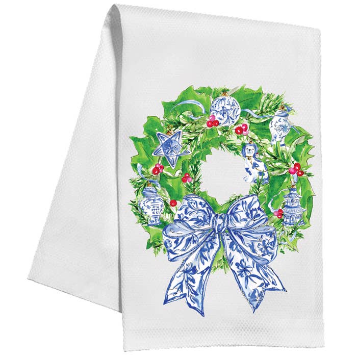 Wreath with Blue Chinoiserie Ornaments and Bow Kitchen Towel - Something Splendid Co.