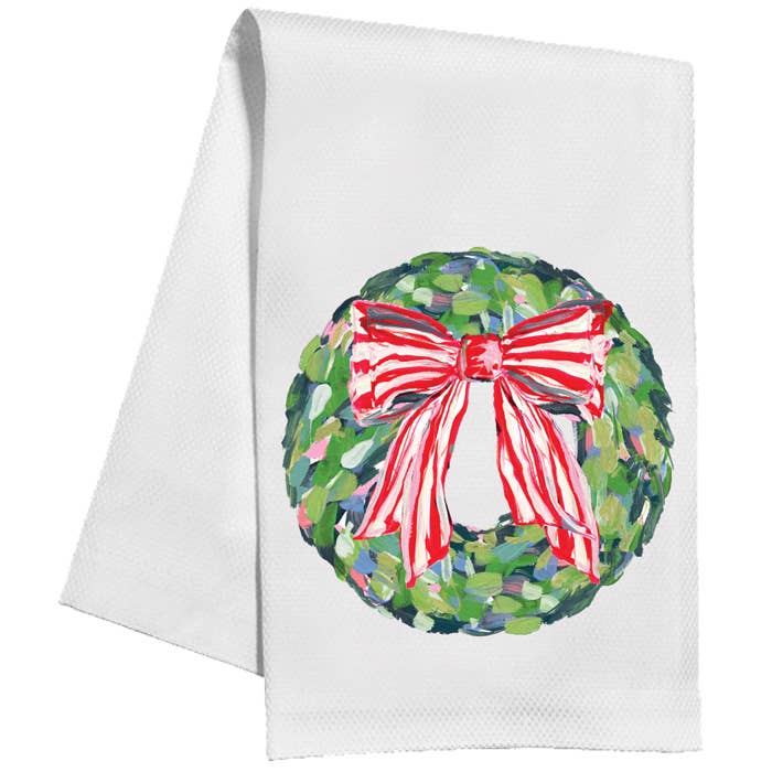 Wreath with Red and White Striped Bow Kitchen Towel - Something Splendid Co.